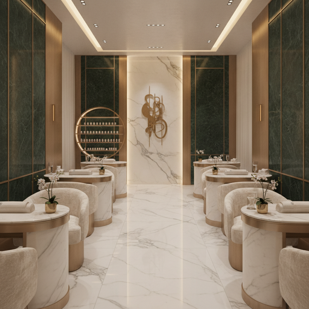 The opulent marble and brushed gold interior of the exclusive Monaco nail salon