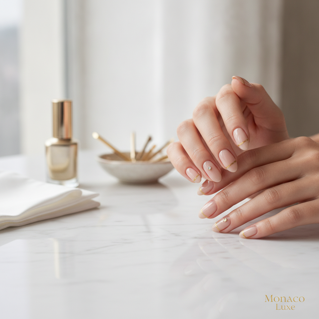 A detailed close-up shot of a perfectly executed, minimalist nail art design on an elegant hand