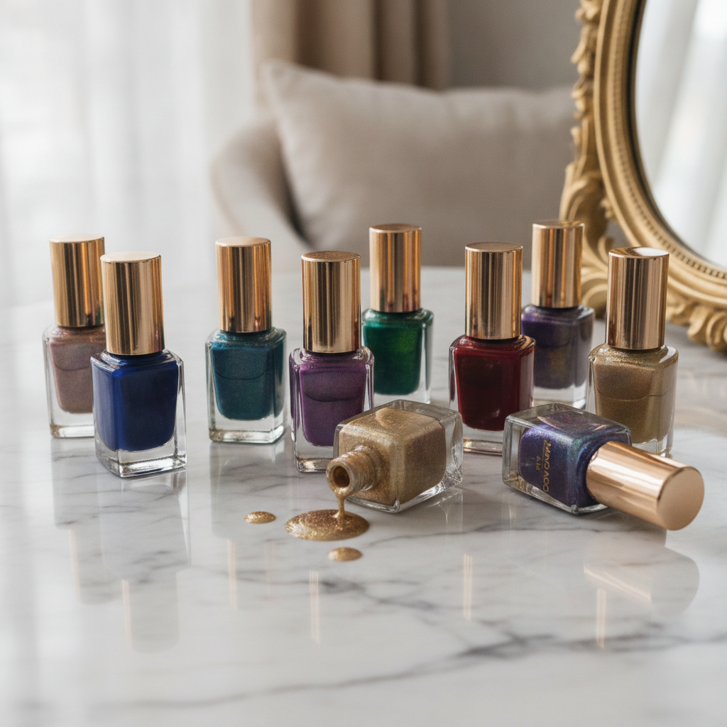 A collection of exclusive, high-end nail polish bottles arranged artistically on a marble surface