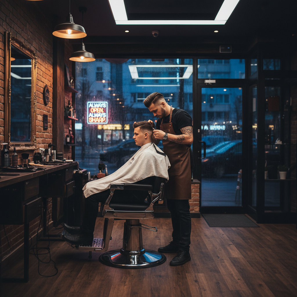 Barber cutting hair late night