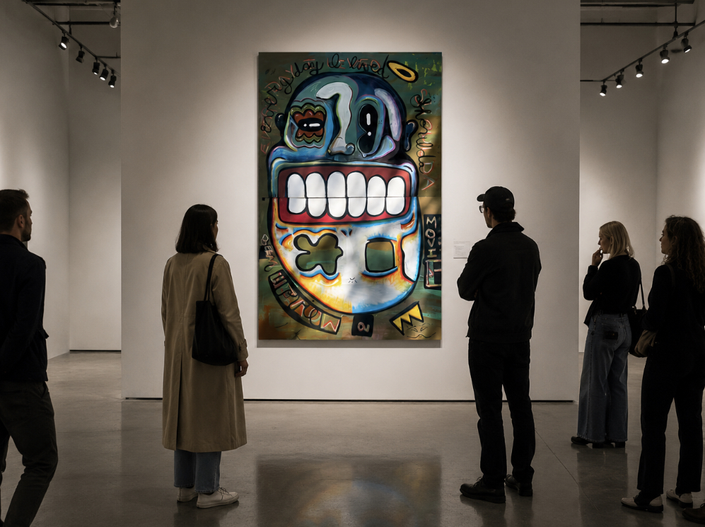 A large-scale, minimalist abstract painting with heavy texture and a monolithic form, displayed in a museum setting.