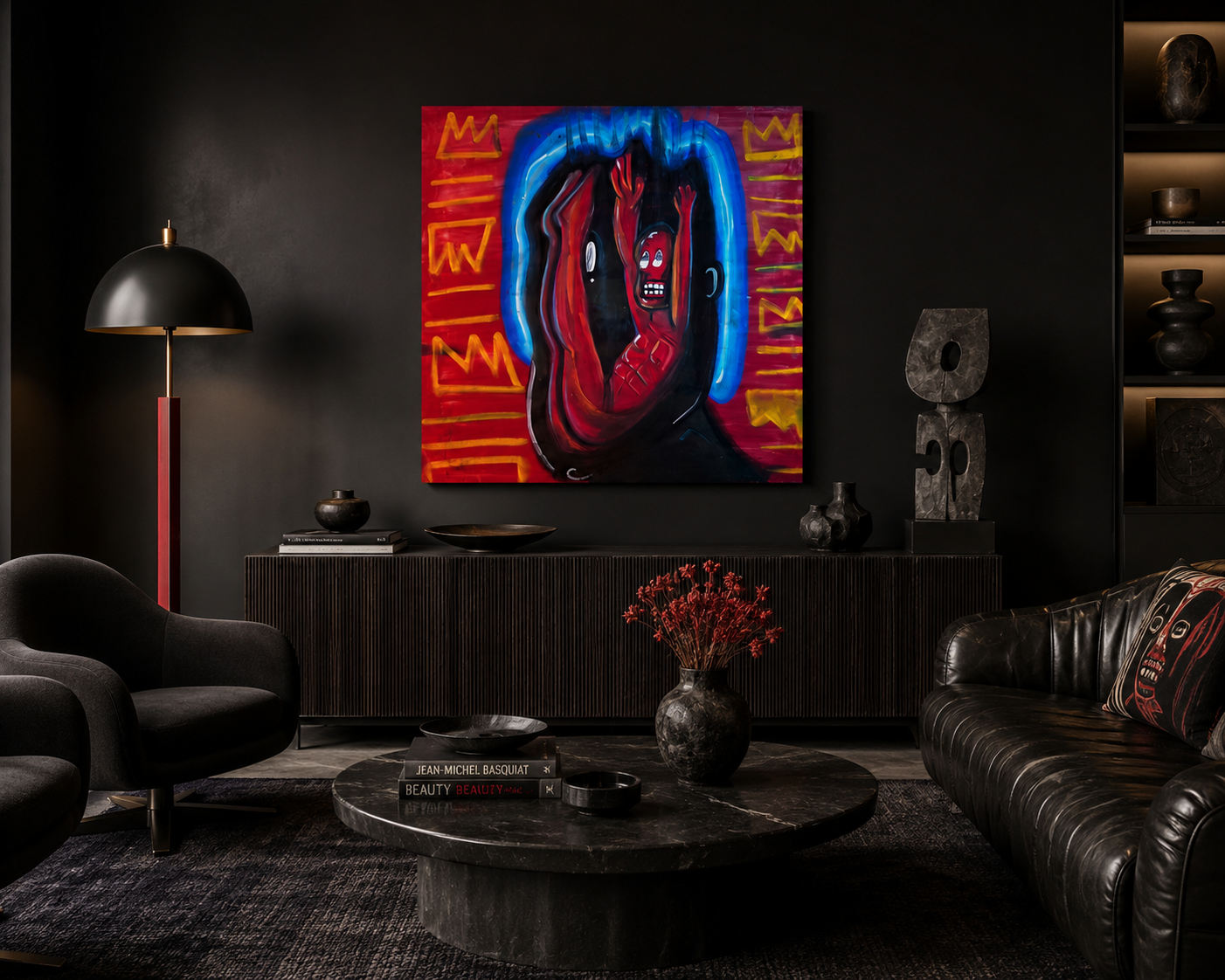 Curated accent art pieces styled in luxurious interior living rooms