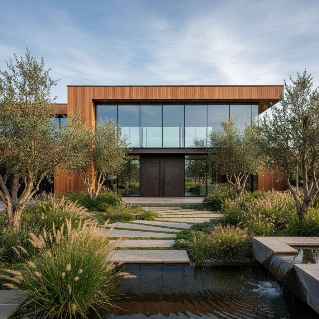 A modern, luxurious home exterior with large windows and beautiful landscaping