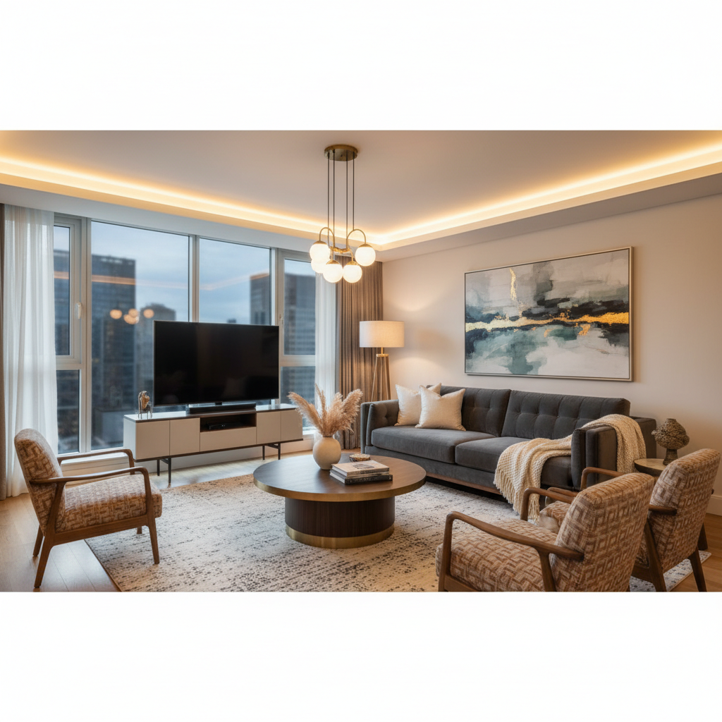 Beautifully furnished modern living room with elegant sofa, warm lighting and luxury interior design in a premium short-term rental property