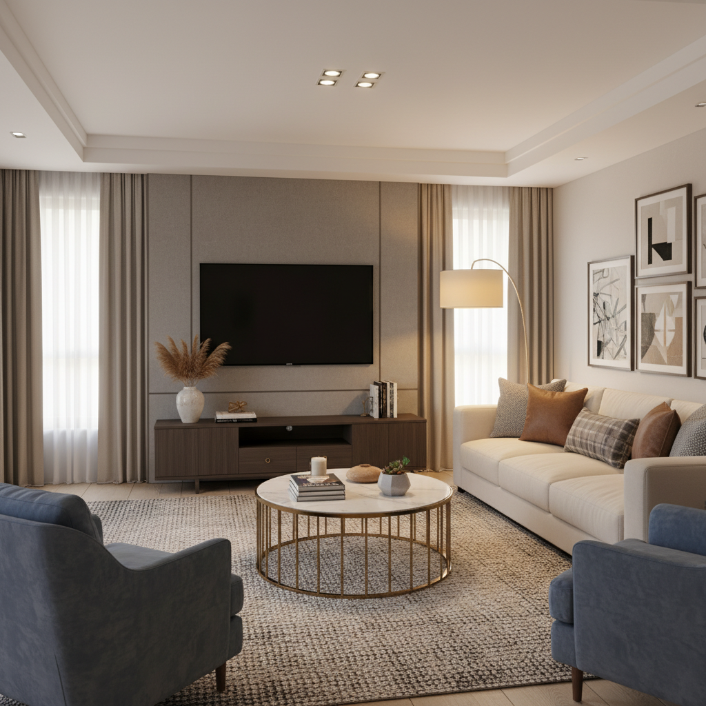 Elegant fully-furnished living room interior with modern decor and warm lighting