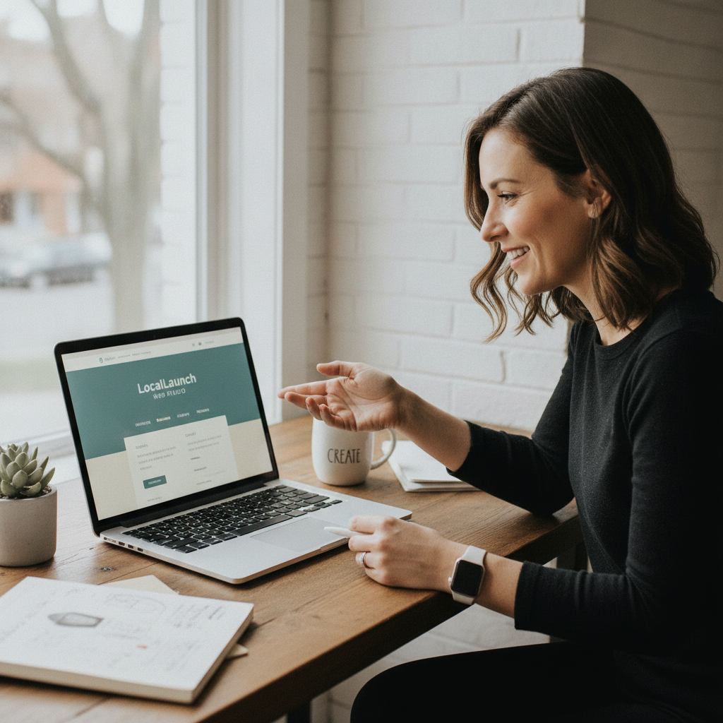 Small business owner reviewing their new website design on a laptop at a wooden desk