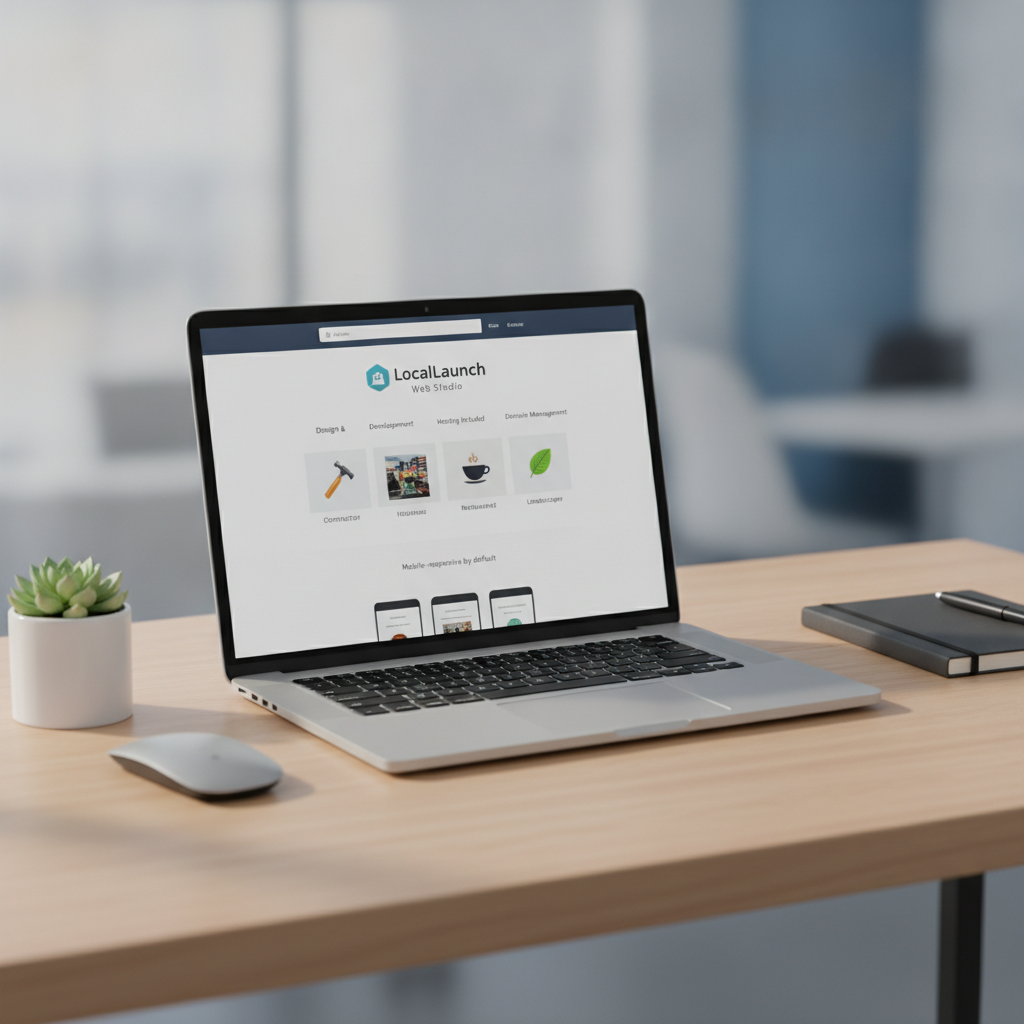 Modern small business website mockup displayed on a clean silver laptop screen with minimalist desk setup