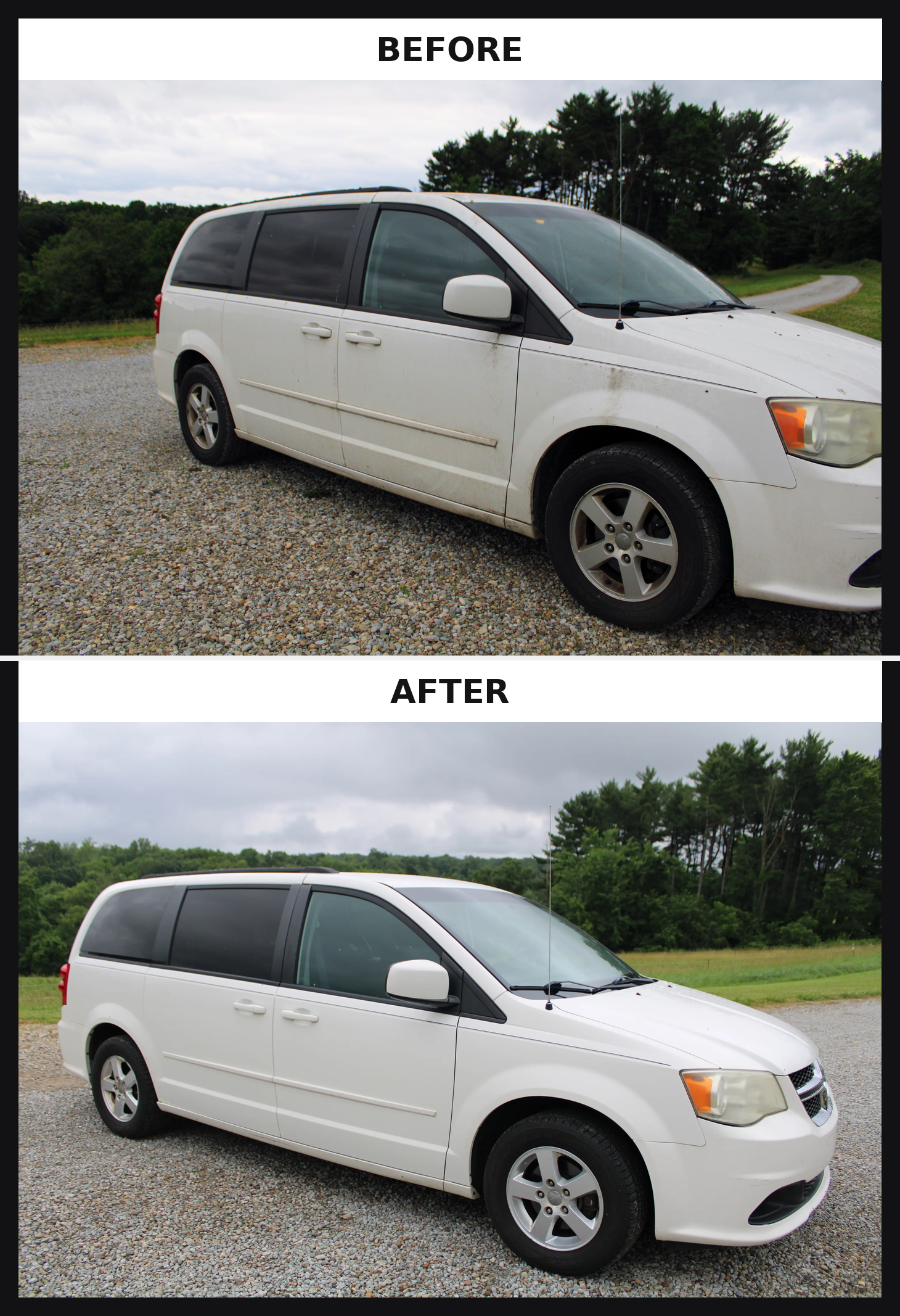 Before shot of a very dirty minivan interior with stained seats and dusty dashboard
