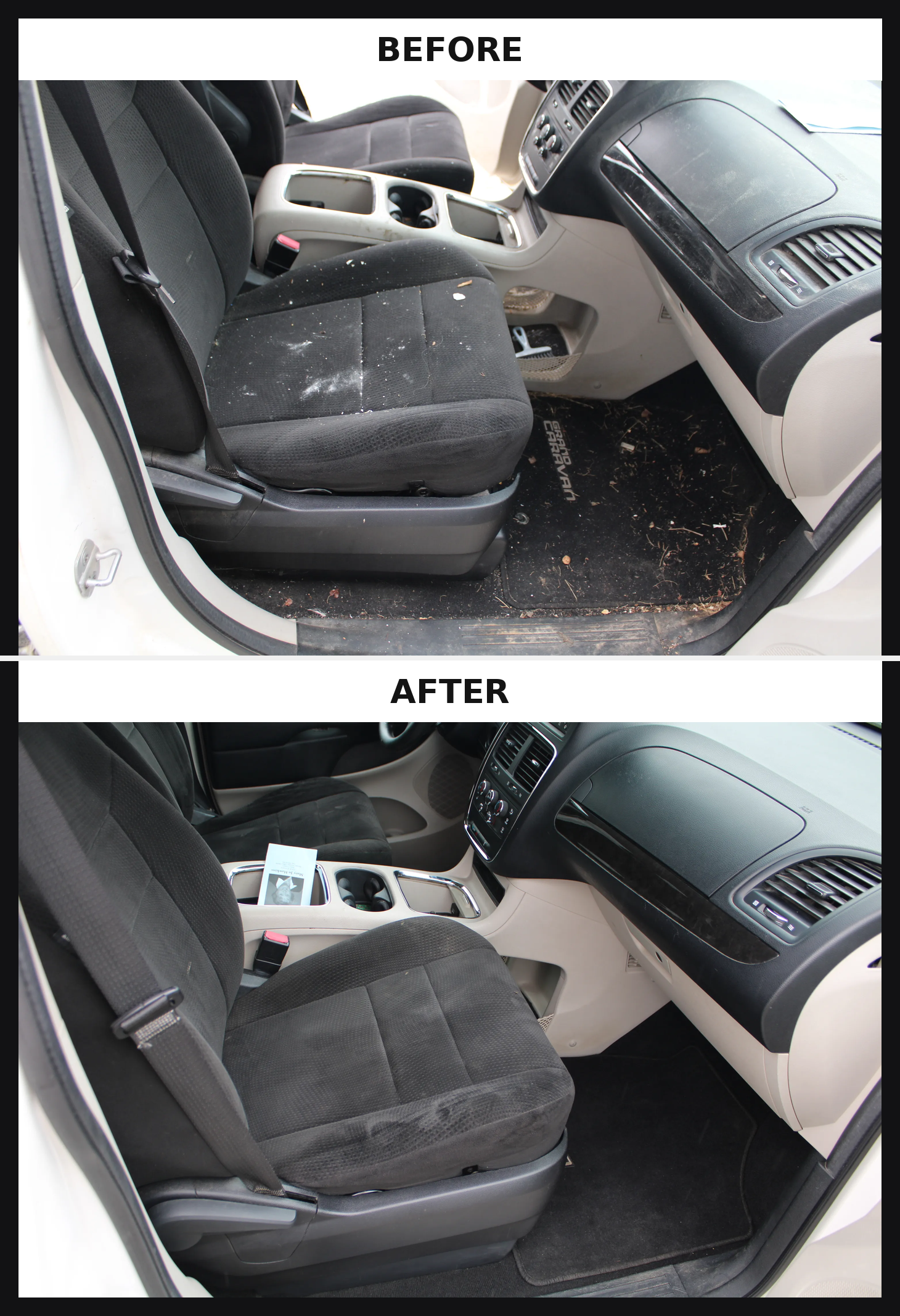 After shot of the same minivan interior, now spotlessly clean with shampooed seats and a gleaming dashboard