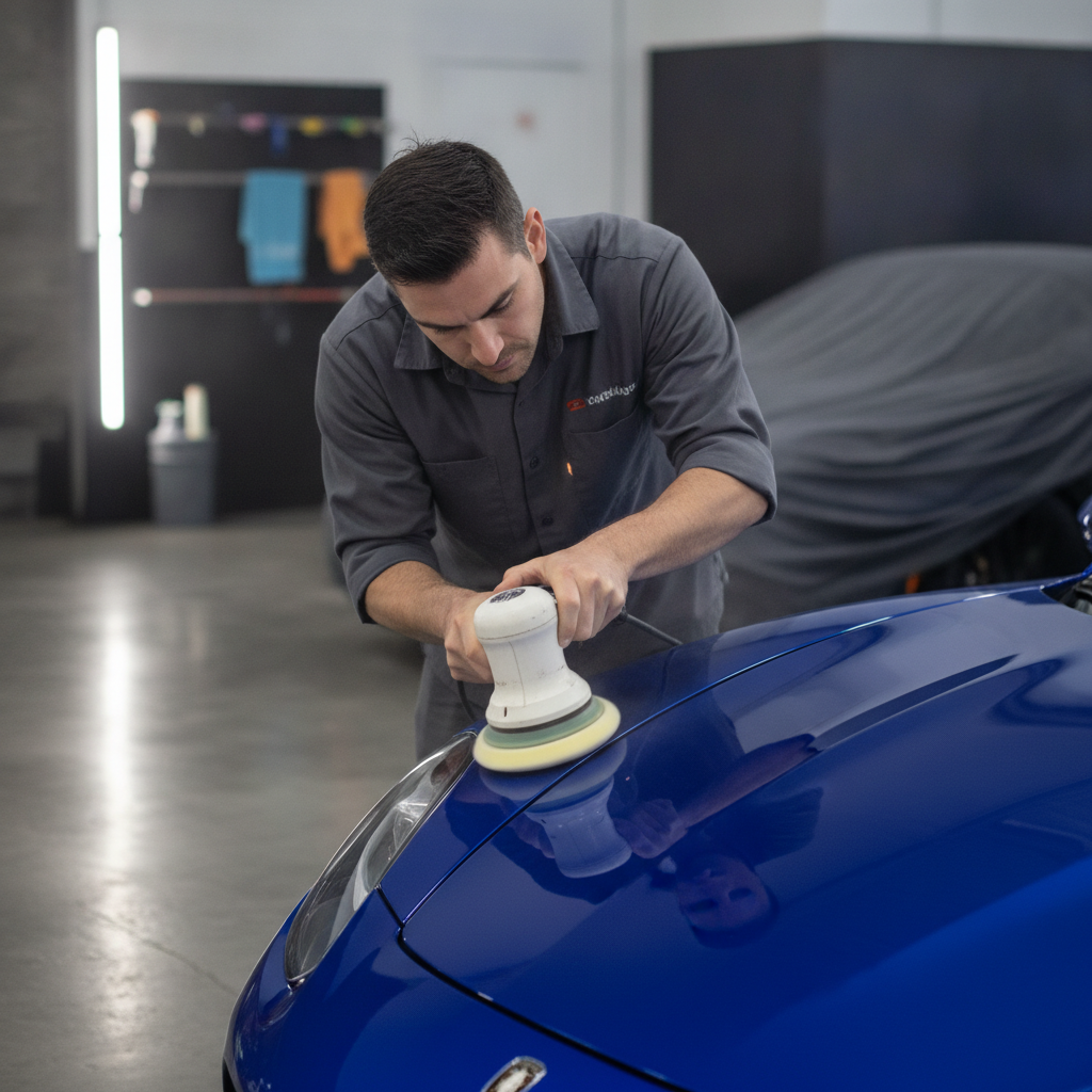 Jared meticulously polishing a car's headlight to a crystal clear finish