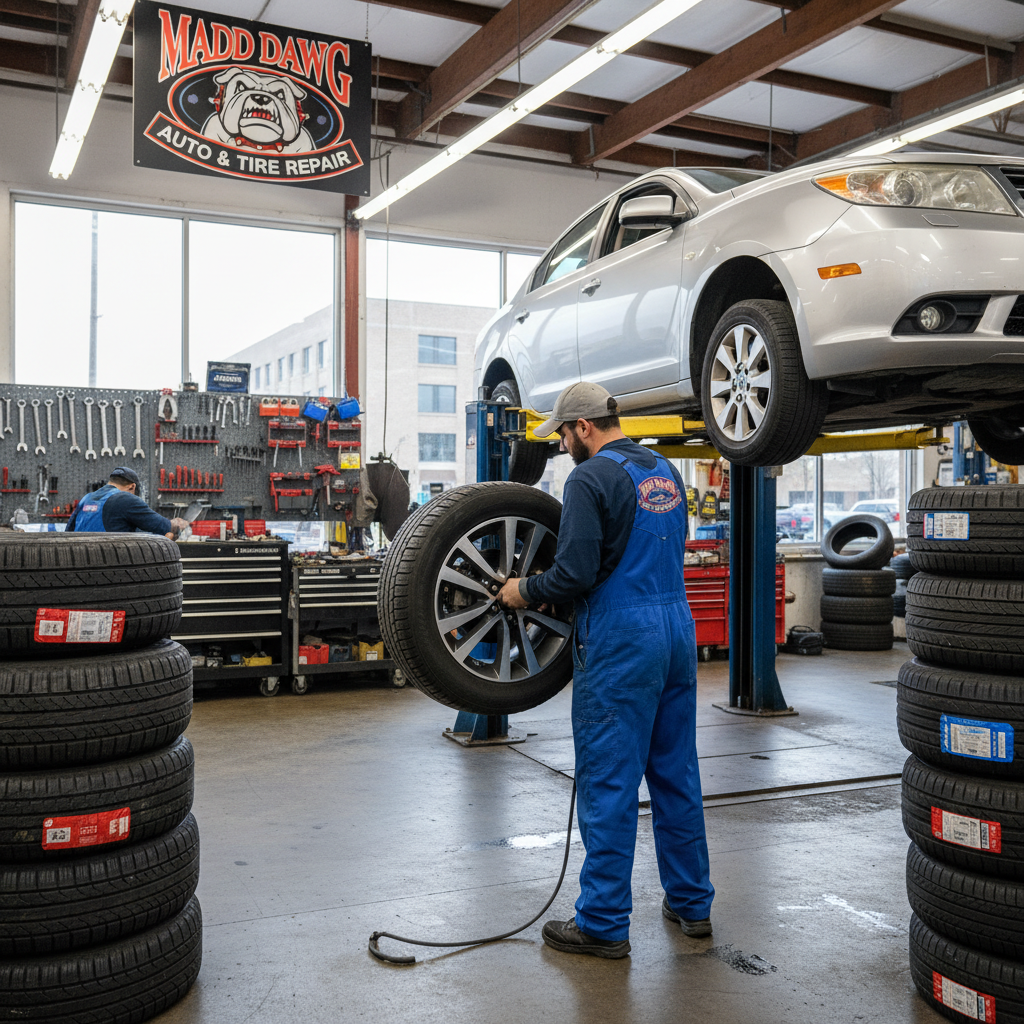 Skilled mechanic mounting a premium tire on a vehicle inside the busy Madd Dawg Auto & Tire Repair shop in Toledo, surrounded by professional tools and stacks of quality used tires