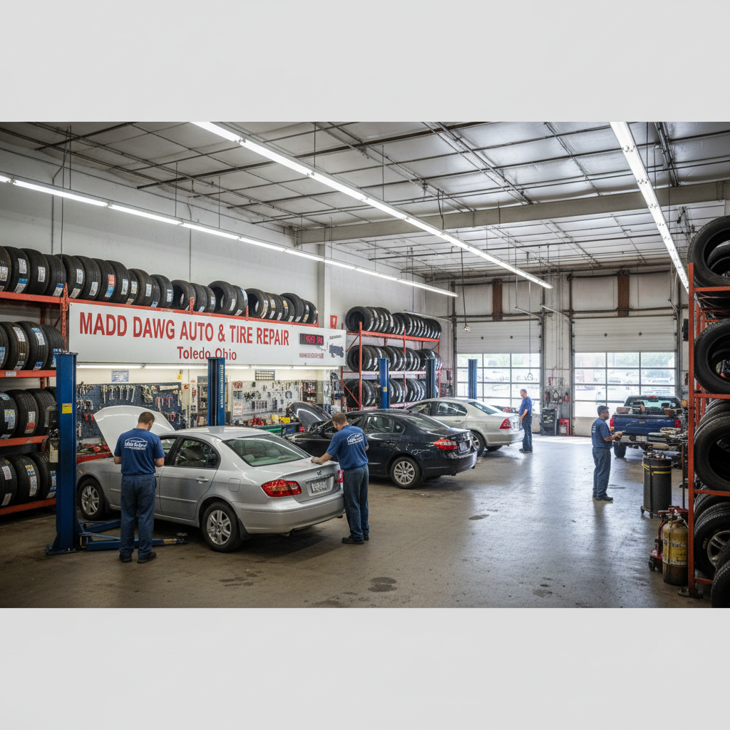 Interior of Madd Dawg Auto and Tire Repair shop in Toledo Ohio with mechanics working on vehicles and tire racks