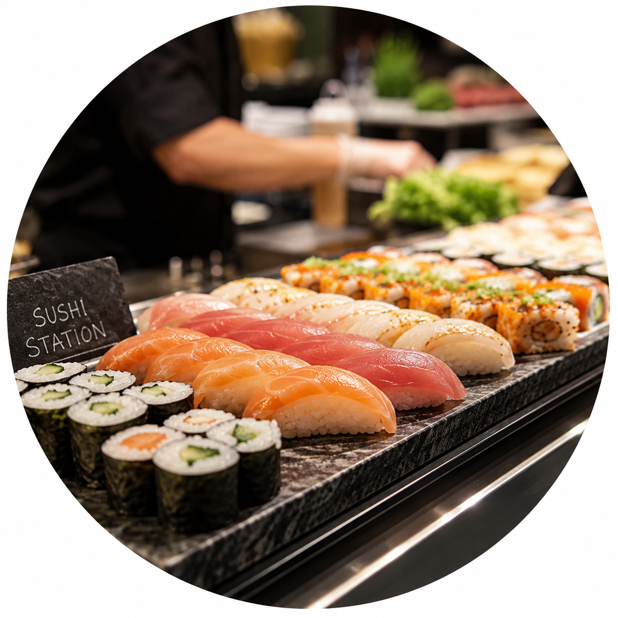 Master chef preparing flaming teppanyaki grill next to a lavish fresh sushi display in a premium restaurant