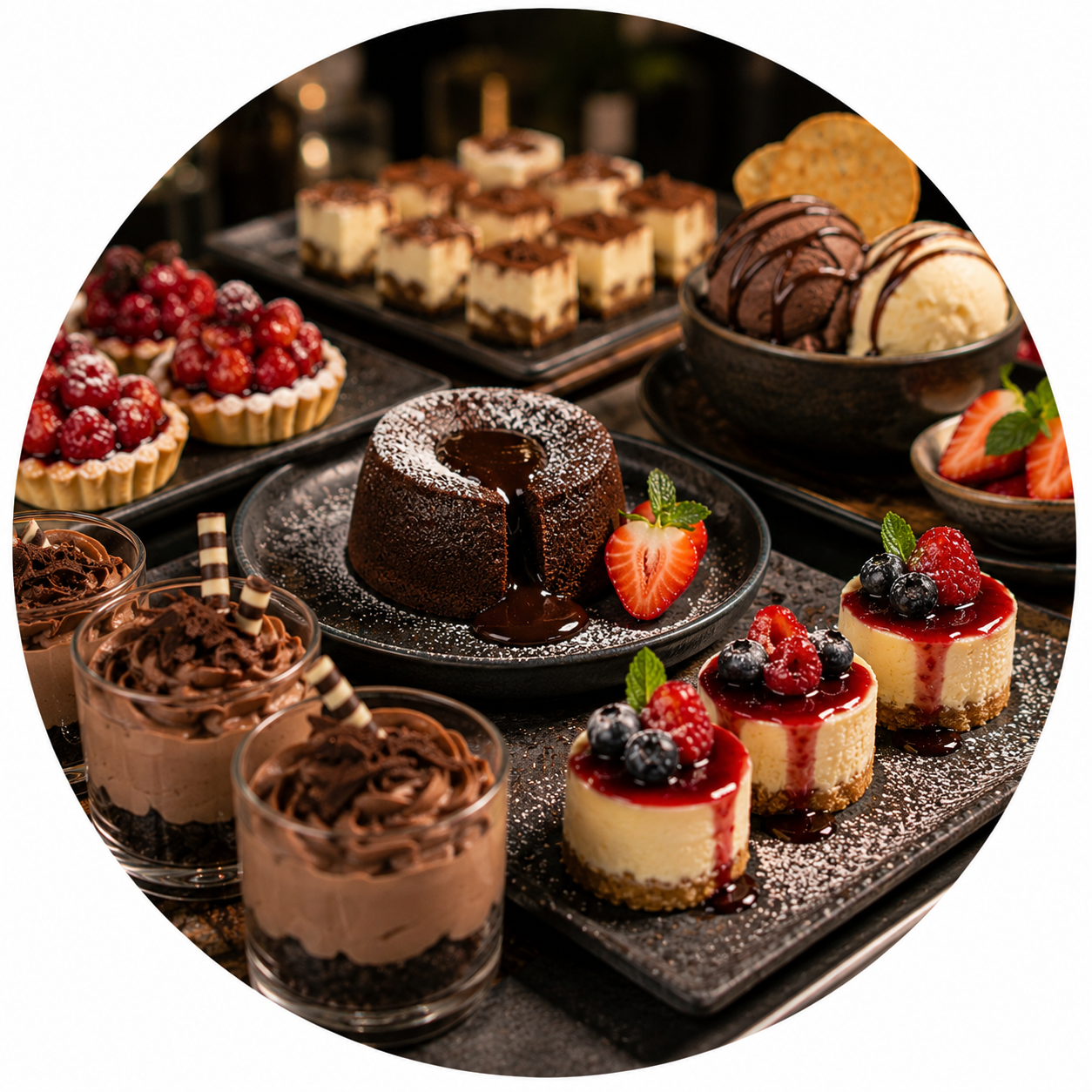 Elegant assortment of cakes pastries and chocolate fountain