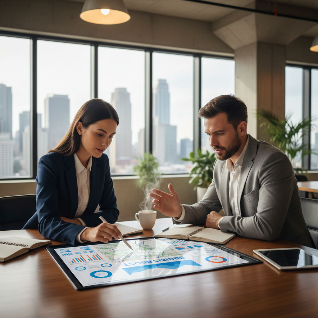 Two professionals in a modern office collaborating on a digital growth strategy for a local business