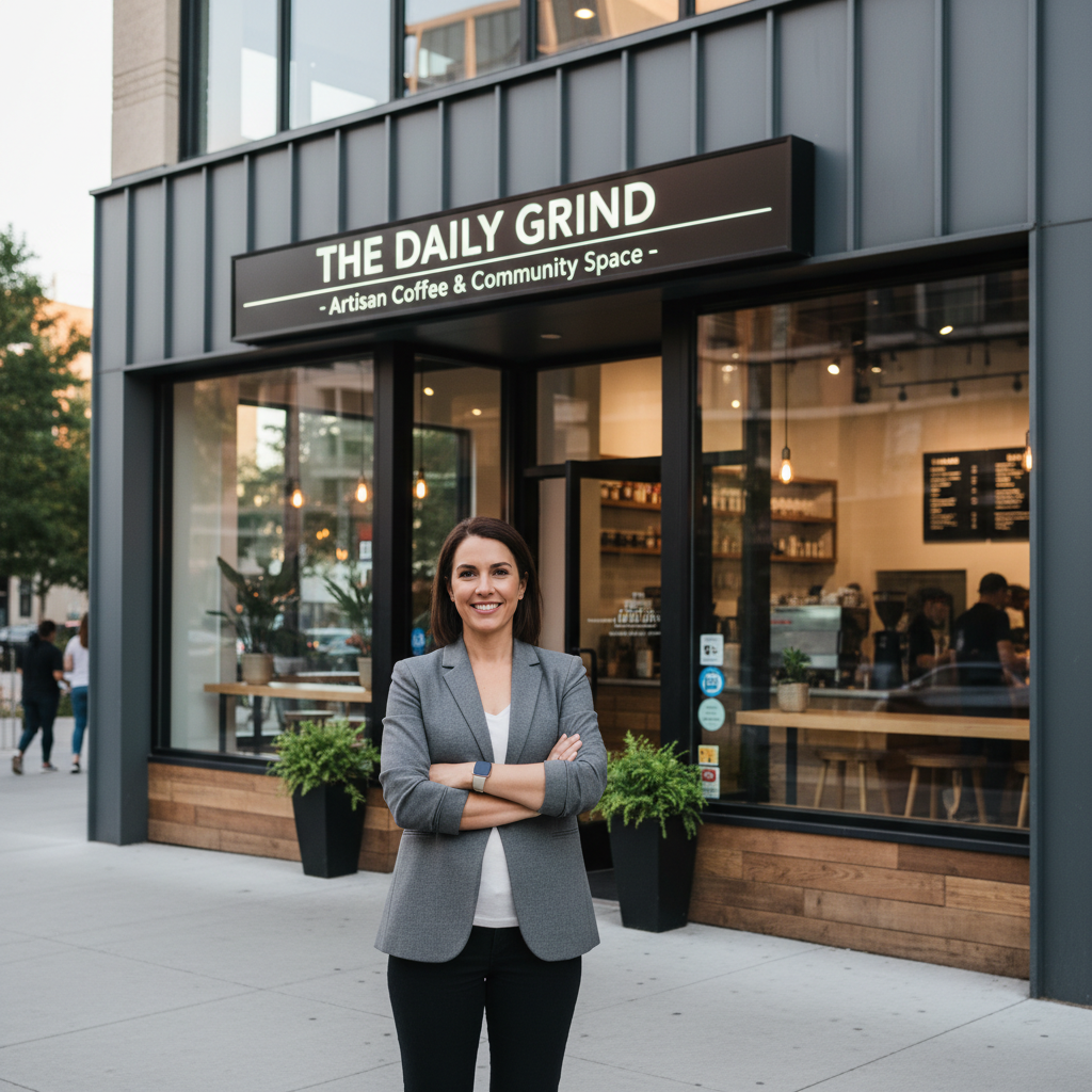 Confident local business owner standing proudly in front of their successful modern storefront