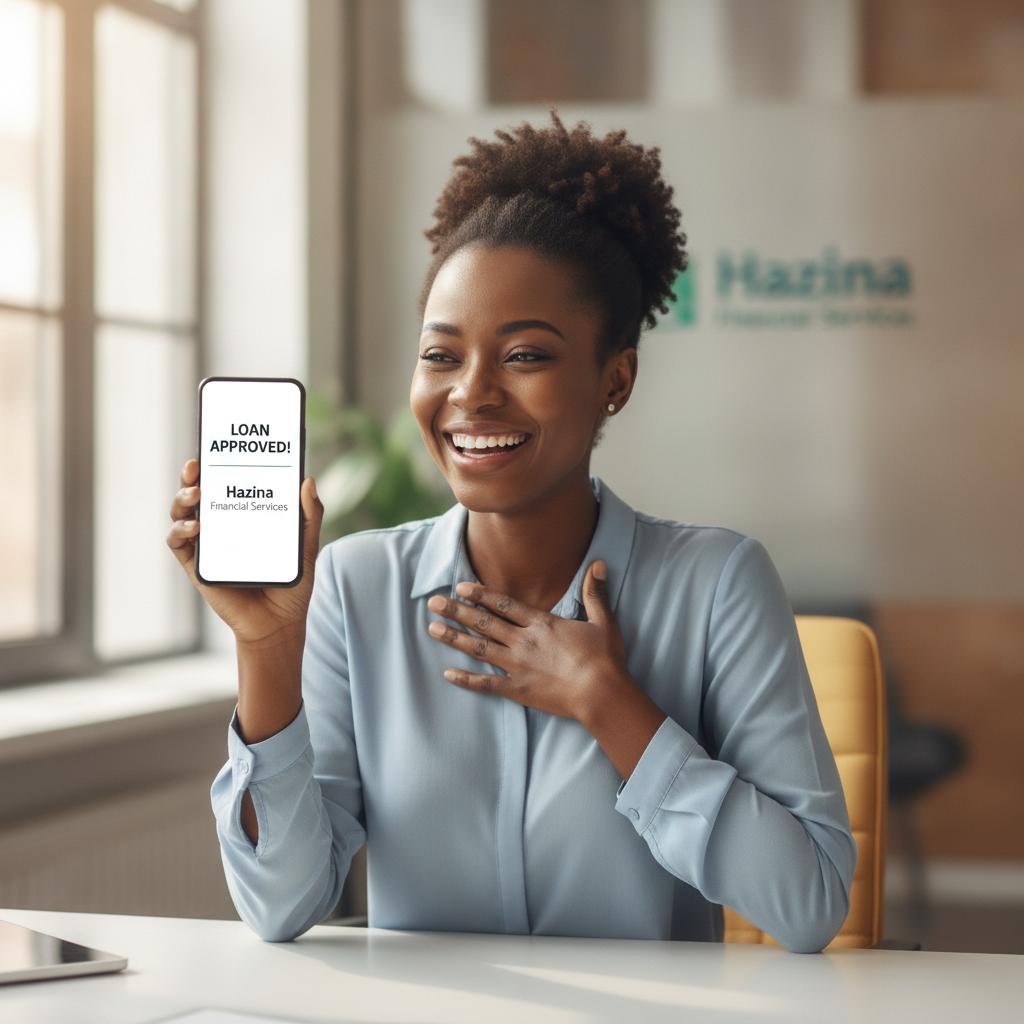 Smiling customer experiencing financial relief after a quick micro-loan approval from Hazina Financial Services