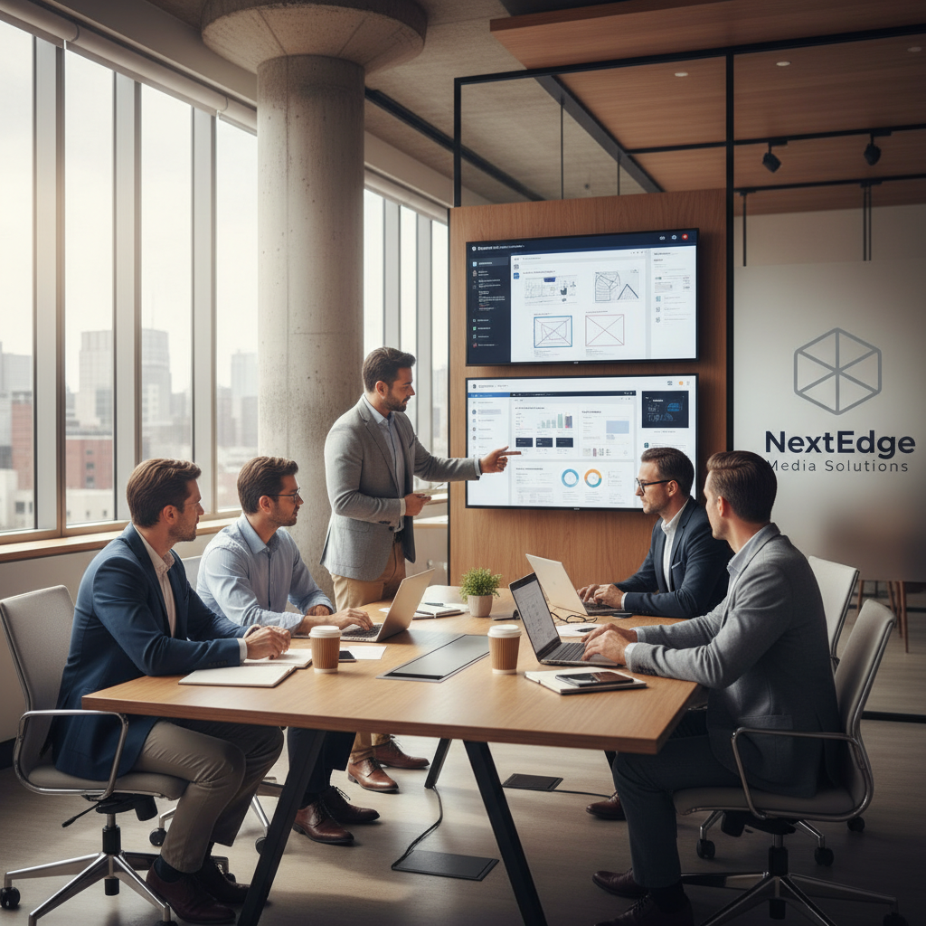 Professional team at NextEdge Media Solutions collaborating on a digital project in a modern office