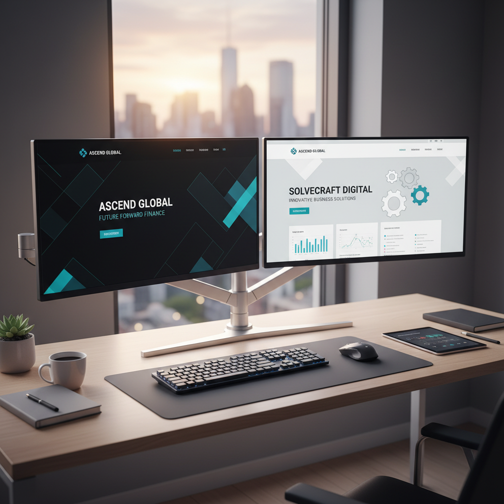 Modern dual-monitor tech workspace showcasing professional website designs and digital business solutions