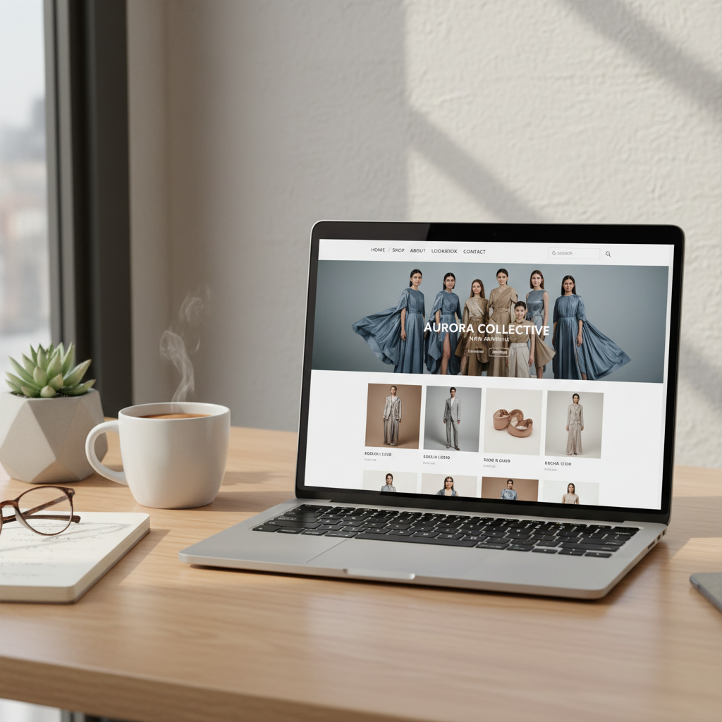 A modern e-commerce website for a fashion brand displayed on a laptop screen