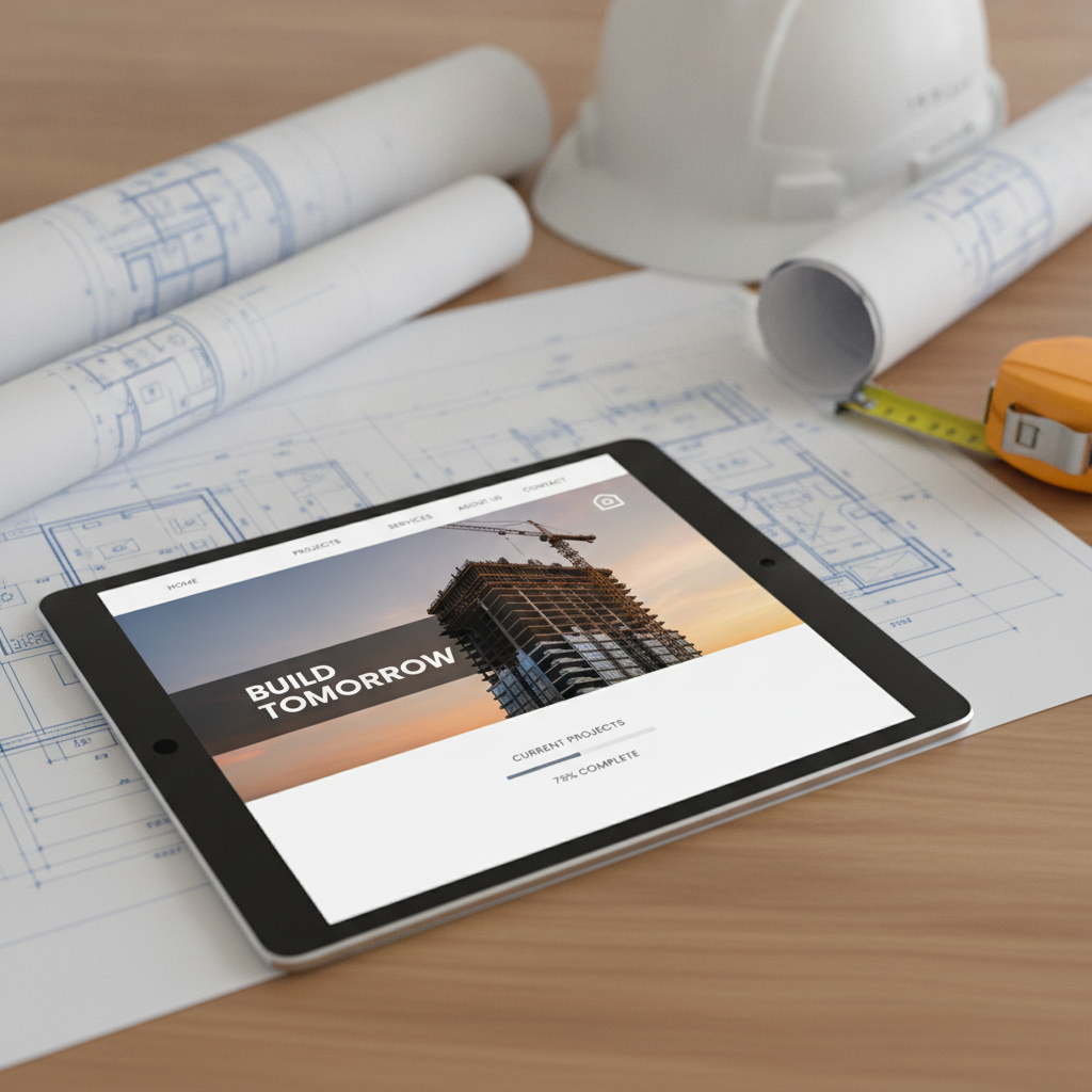 Site web moderne pour entreprise de construction BTP affiché sur smartphone et ordinateur portable, projet réalisé par Aiguel agence digitale spécialisée bâtiment en Guinée