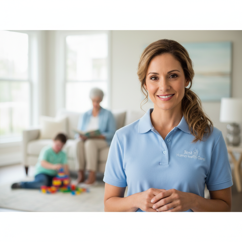 A professional caregiver smiling warmly.