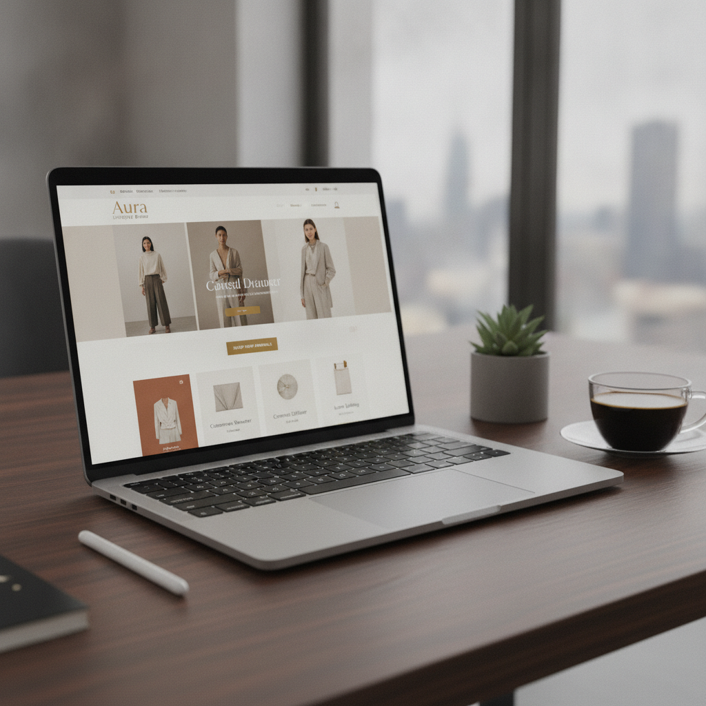 Premium e-commerce storefront website design displayed on a laptop screen