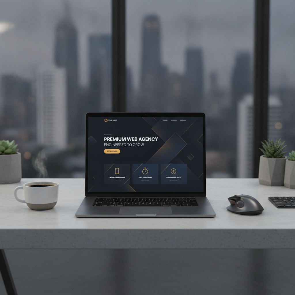 Modern digital workspace showing a premium custom website design mockup on a sleek laptop screen
