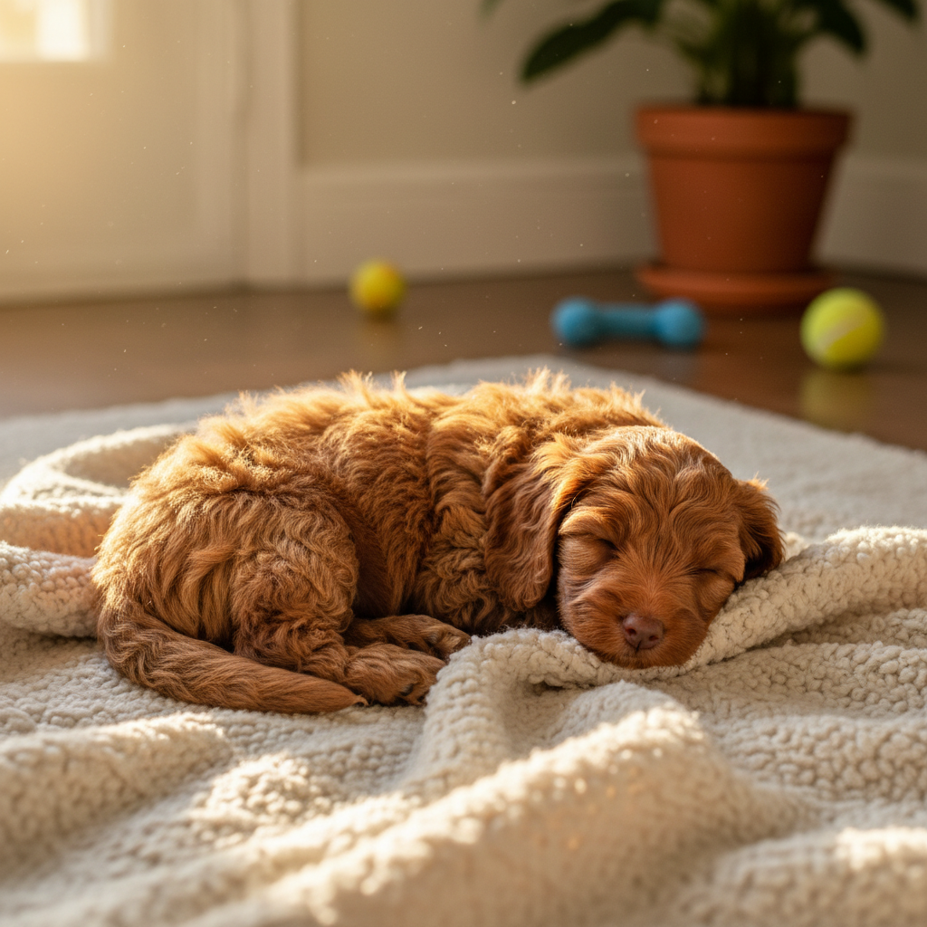 Curly ruby Cavapoo puppy resting in a warm sunbeam