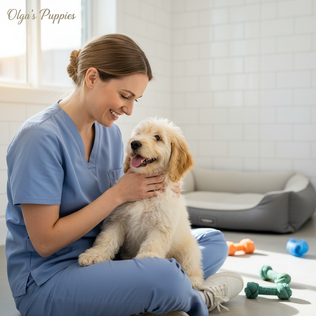 Happy goldendoodle puppy in a clean bright kennel environment with a gentle caretaker holding and petting the fluffy cream-colored puppy