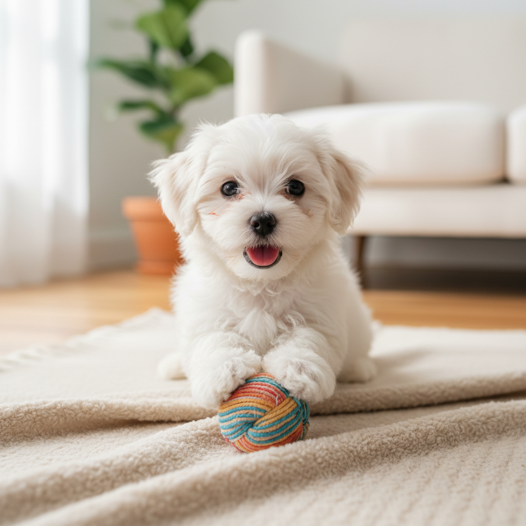 Pure white Maltese puppy playing happily and looking at camera