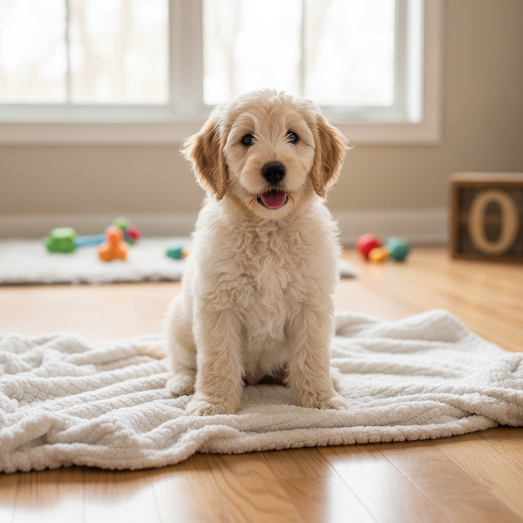 Fluffy cream Goldendoodle puppy sitting on a soft blanket