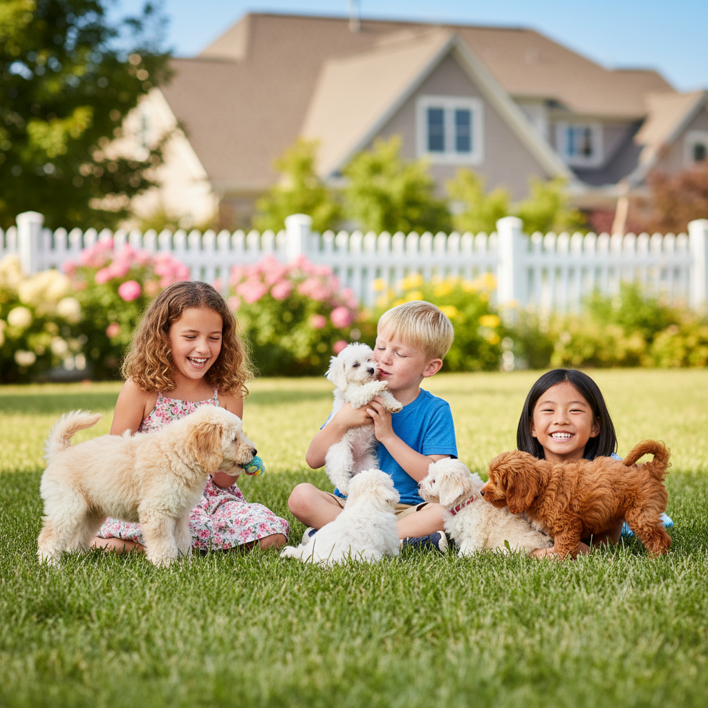 Three different children of varying ages and appearances playing joyfully with adorable young puppies on bright green grass in a sunny backyard