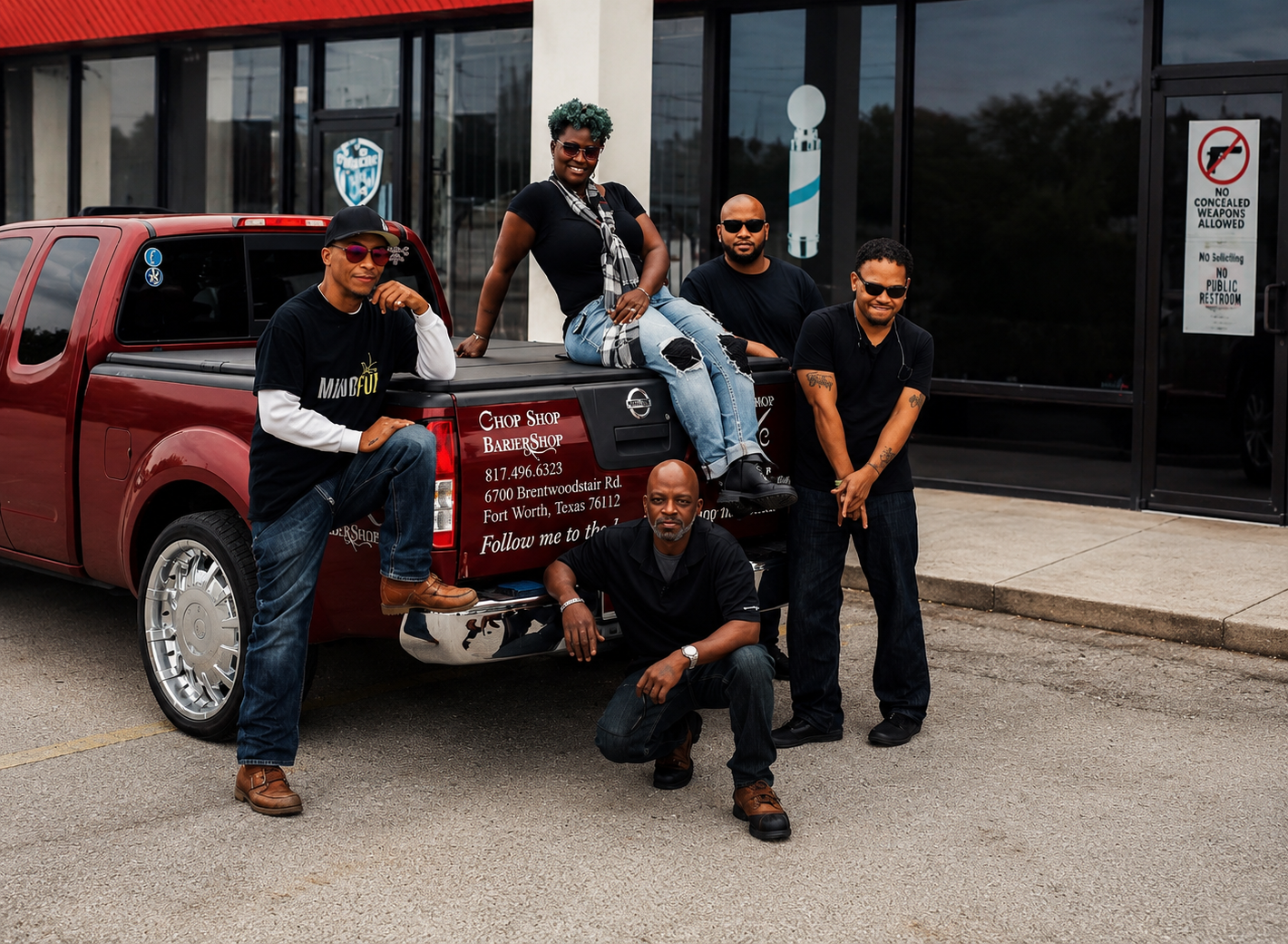 Chop Shop master barbers and owners portrait wearing black aprons in Fort Worth Texas barbershop