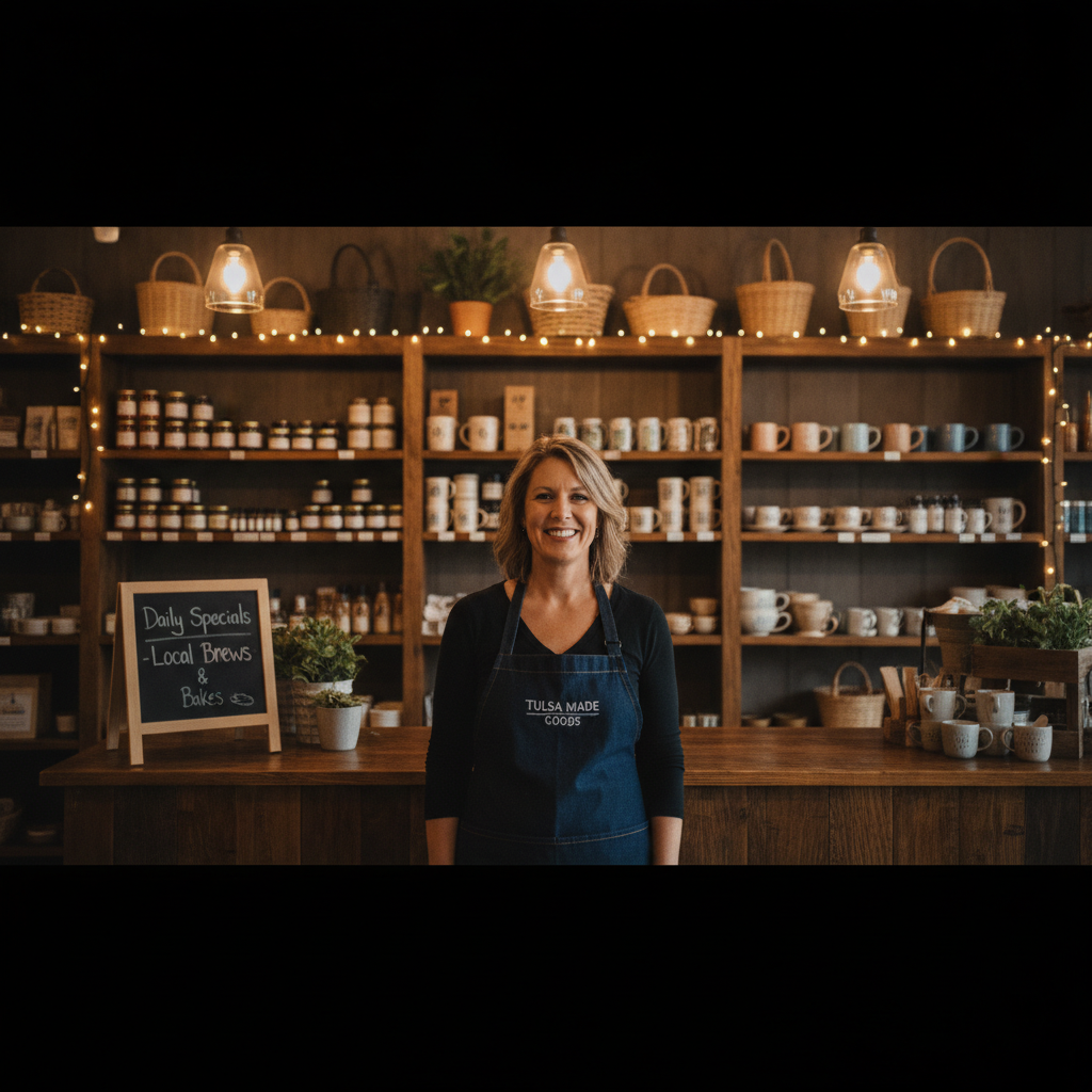 Happy Tulsa small business owner smiling behind the counter inside their local shop, wearing an apron with warm lighting and shelves of products in the background