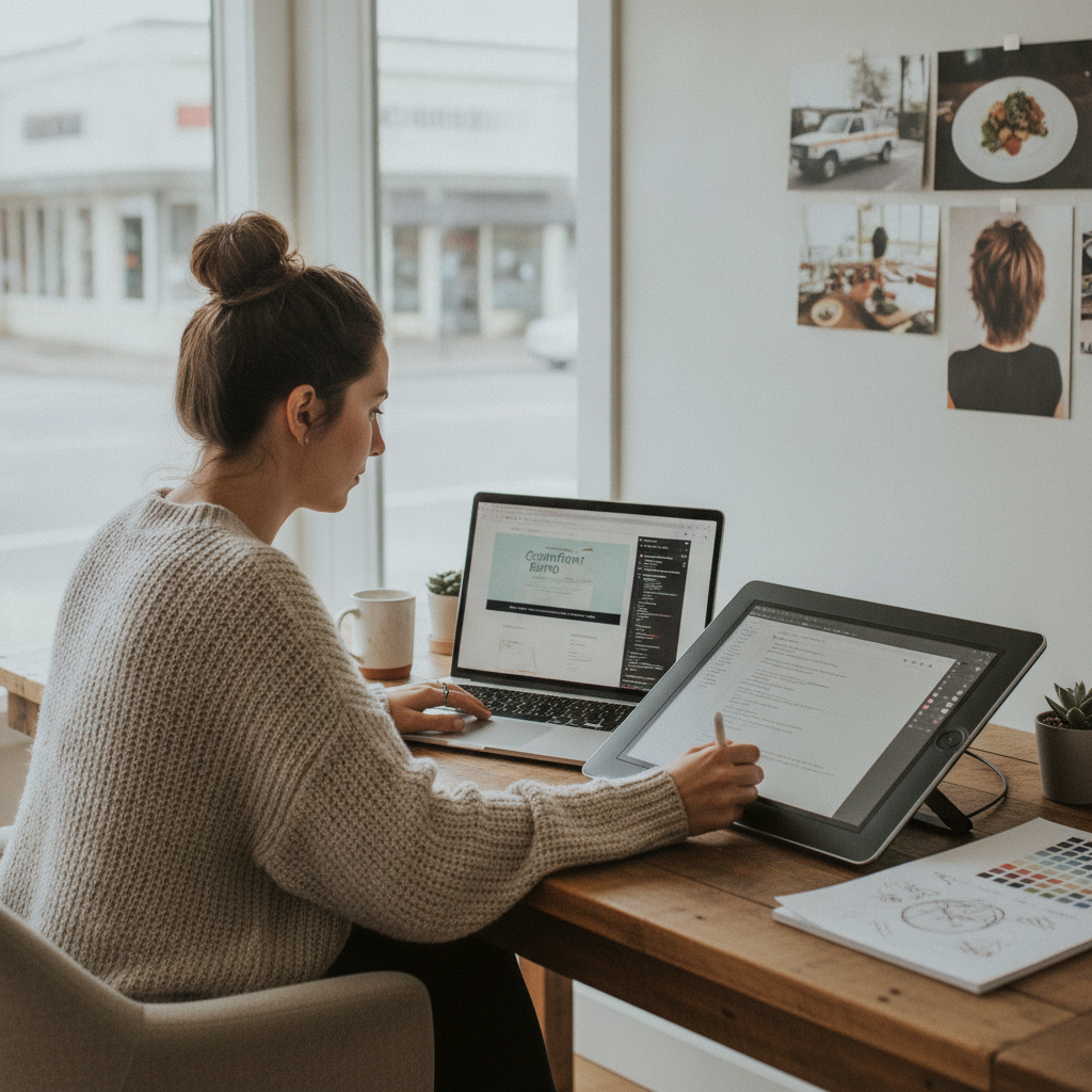 Professional web designer working on laptop designing a custom website for a local small business