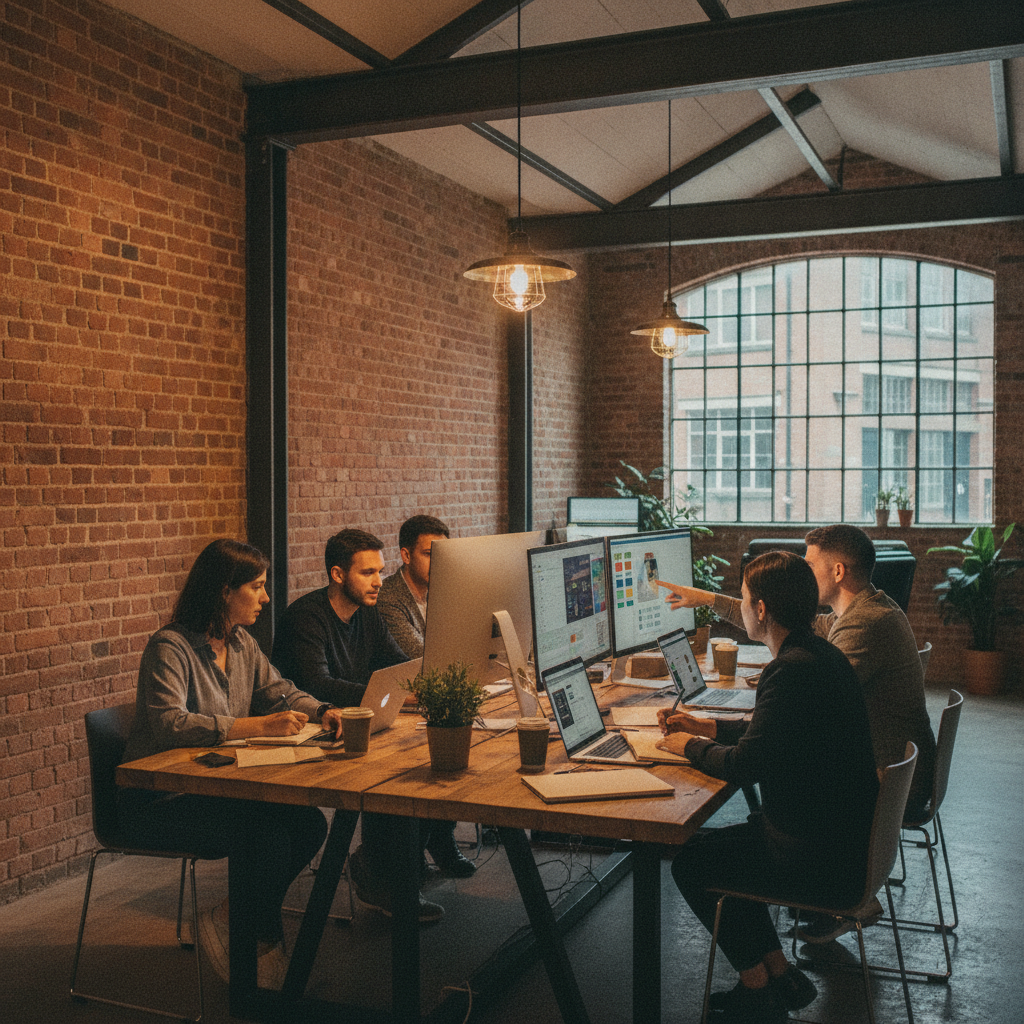 Renovo Studio design team collaborating on website projects inside a converted red brick warehouse studio in Manchester with exposed steel beams and industrial lighting