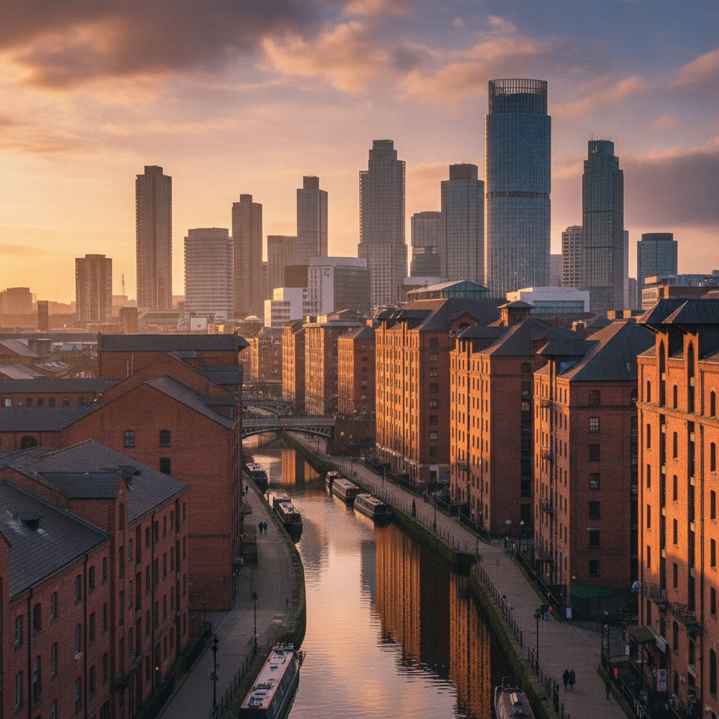 Industrial Manchester cityscape featuring red brick warehouses, the Rochdale canal, and modern skyline buildings at golden hour