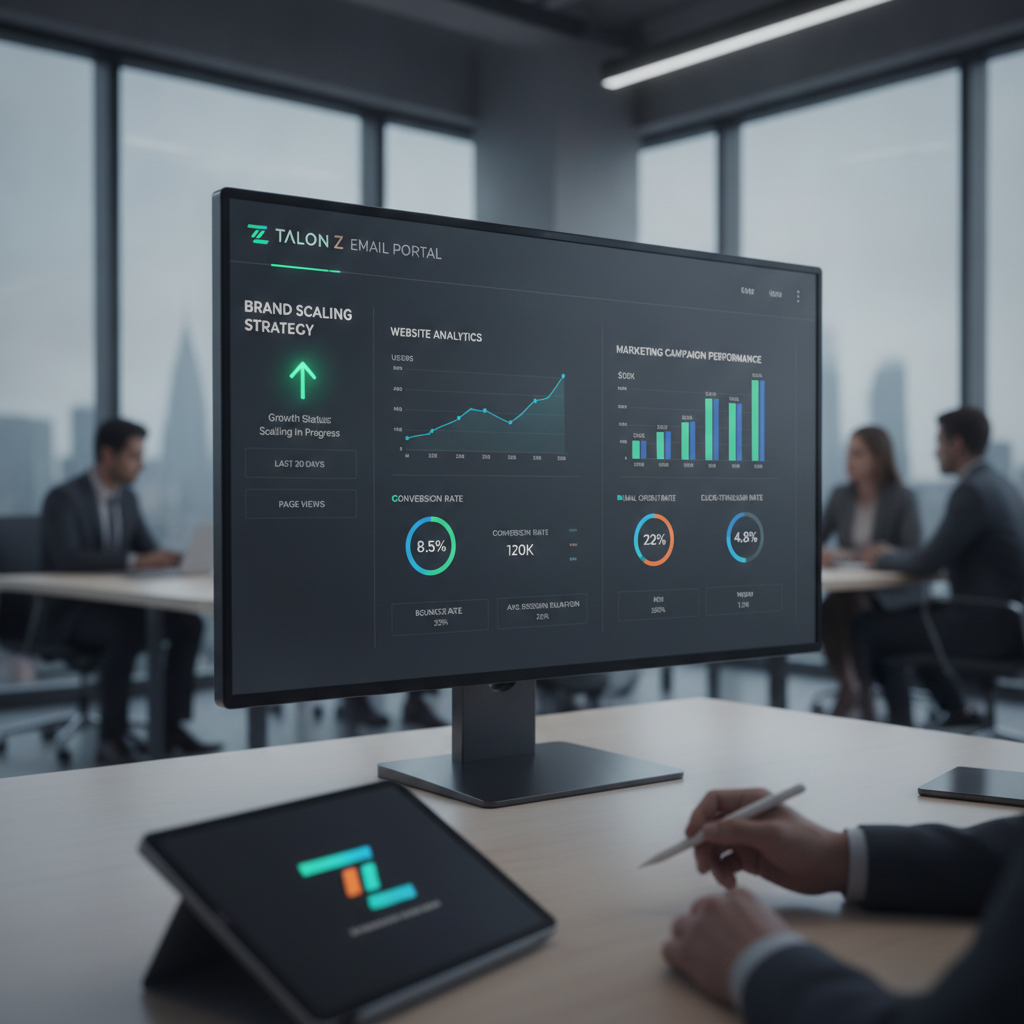 Brand scaling agency dashboard showing website analytics and marketing campaign performance metrics