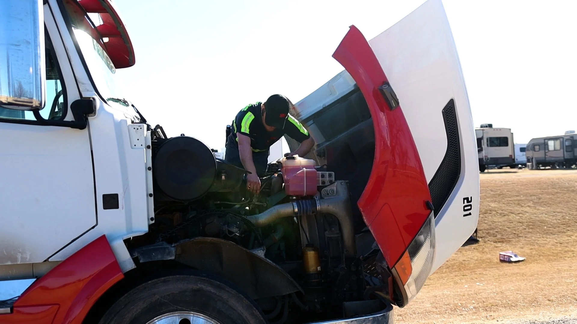 Heavy duty semi truck in repair shop