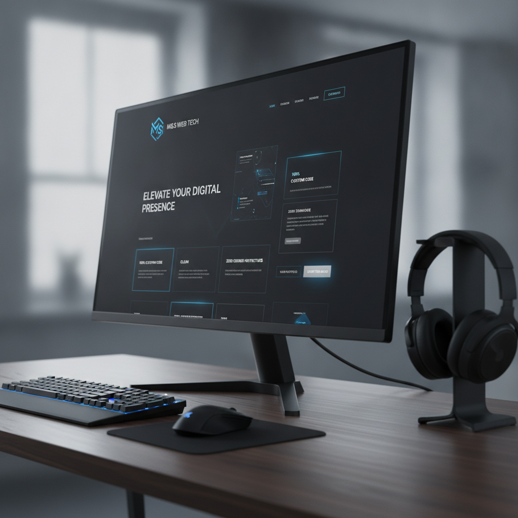 Premium custom dark mode website design displayed on a modern professional monitor