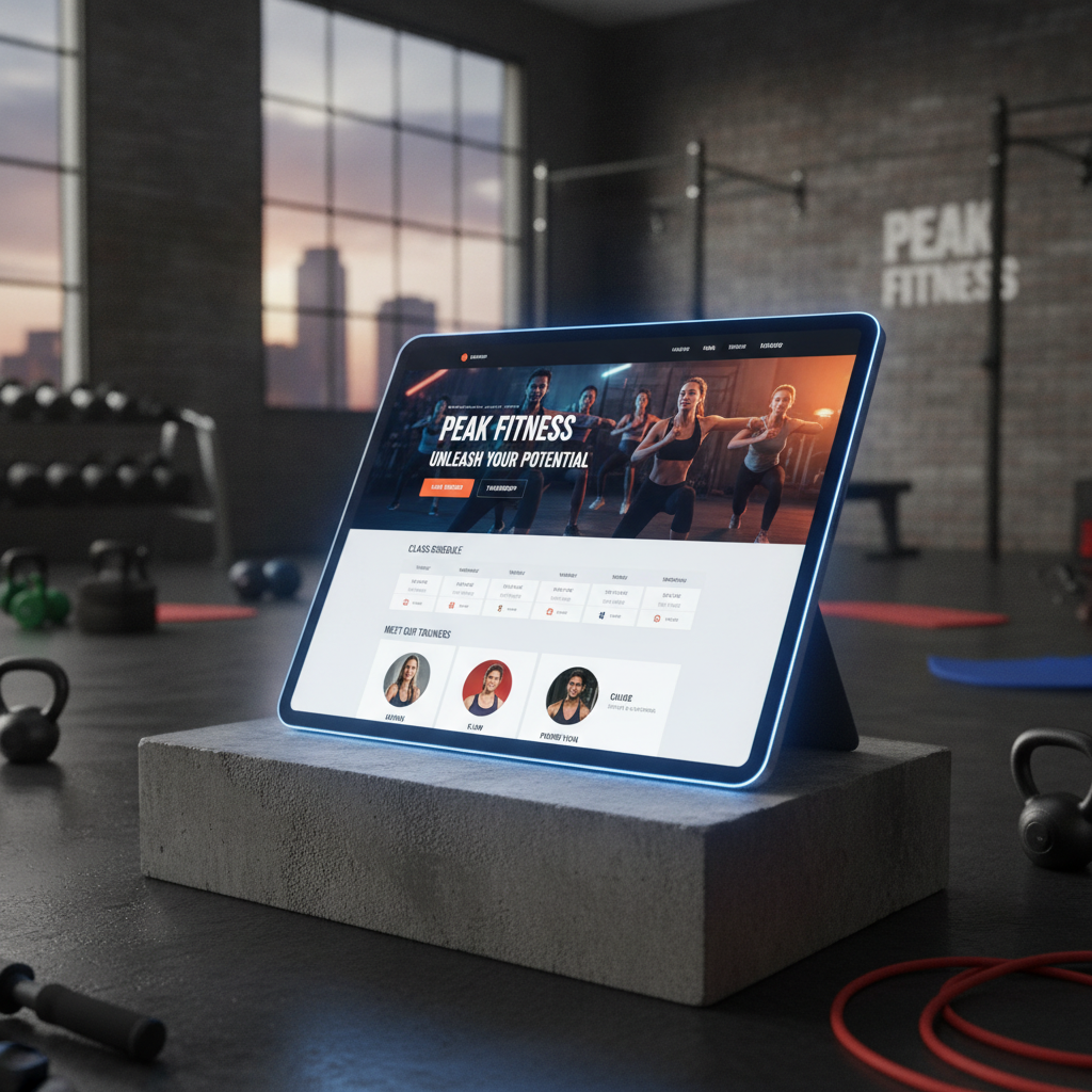 Energetic fitness studio website mockup with class schedules and trainer profiles