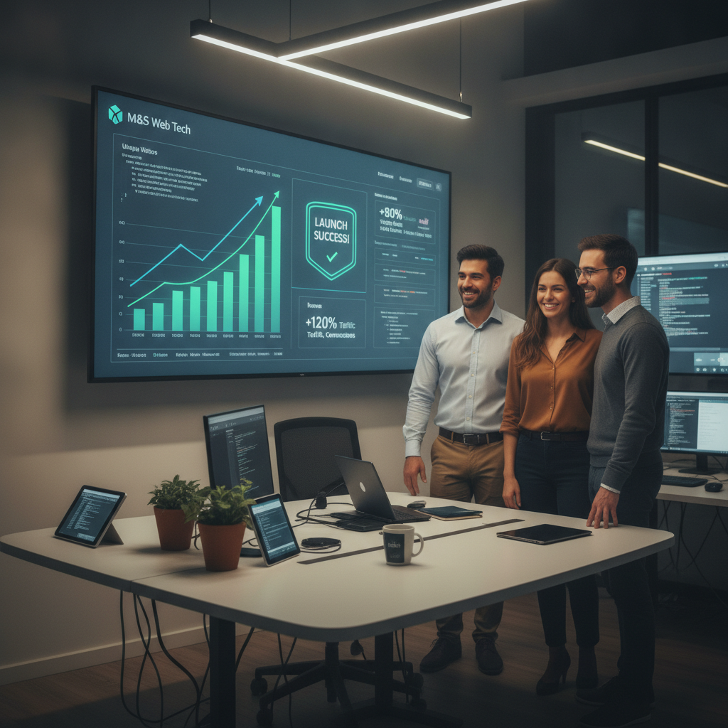Successful website launch showing analytics dashboard with growth metrics