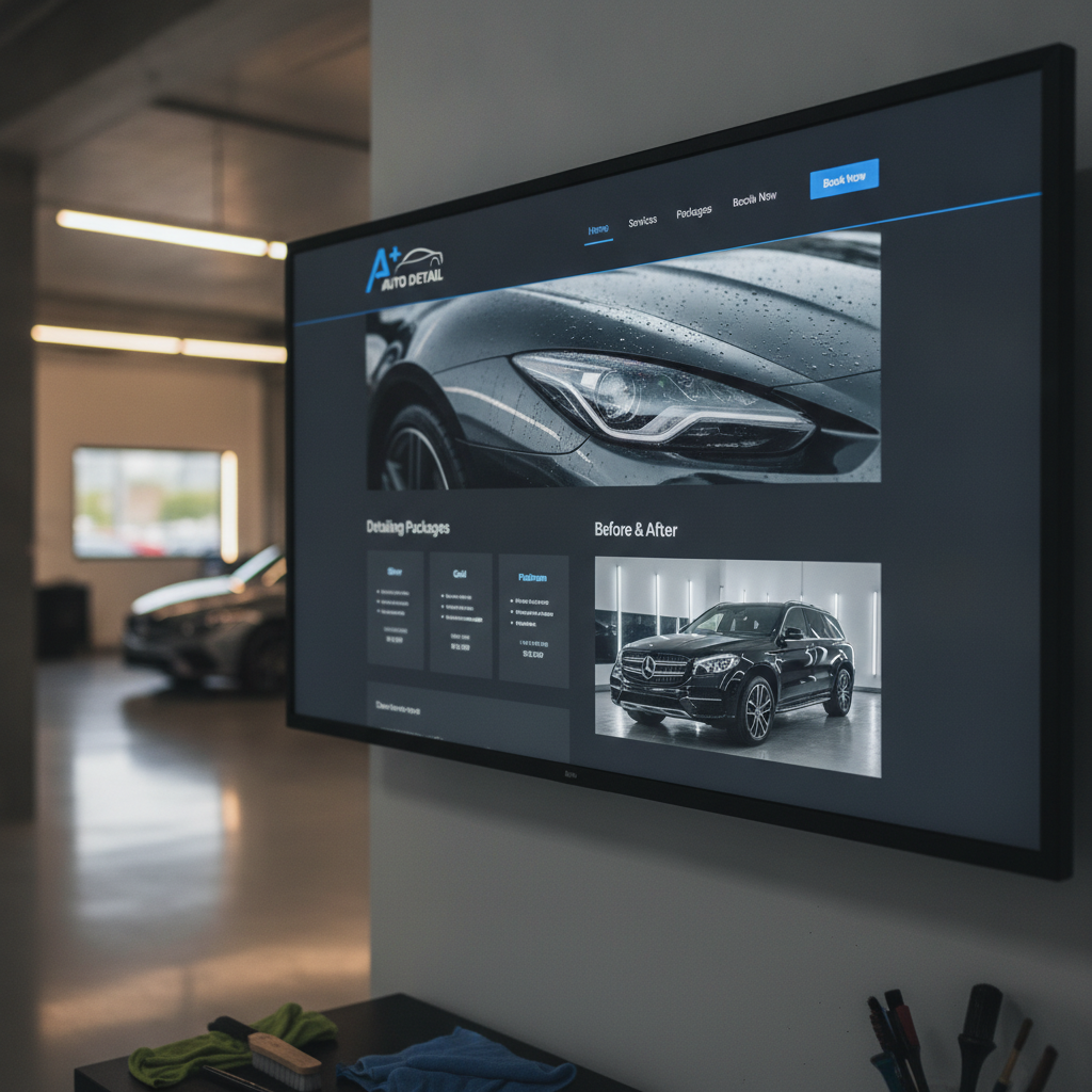 Luxury auto detailing service website with elegant white black and gold color scheme showcasing premium detailing packages and stunning before and after galleries of high-end vehicles