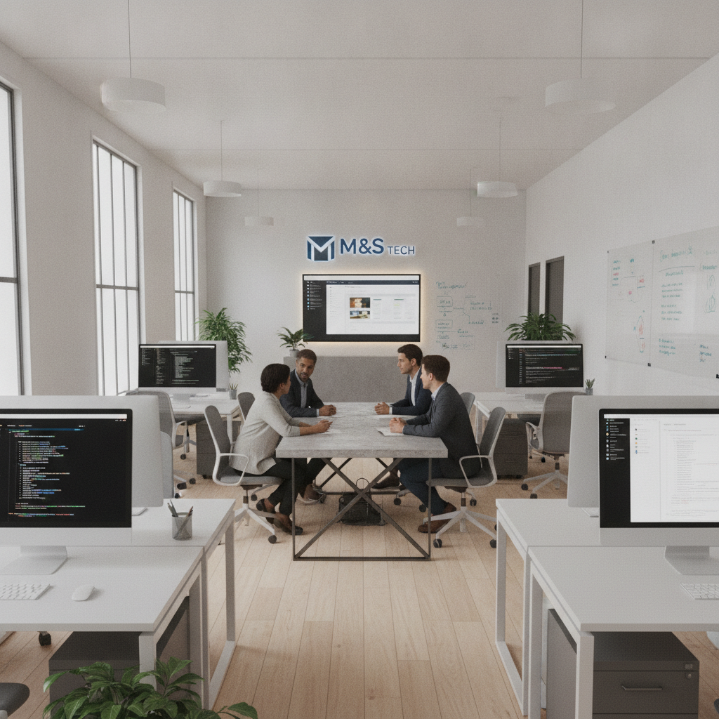 A modern and clean web development agency office with computers and collaborative spaces