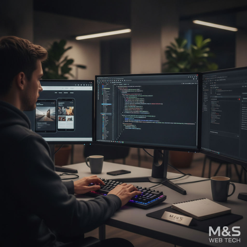 Developer writing clean responsive code on multiple monitors during build phase