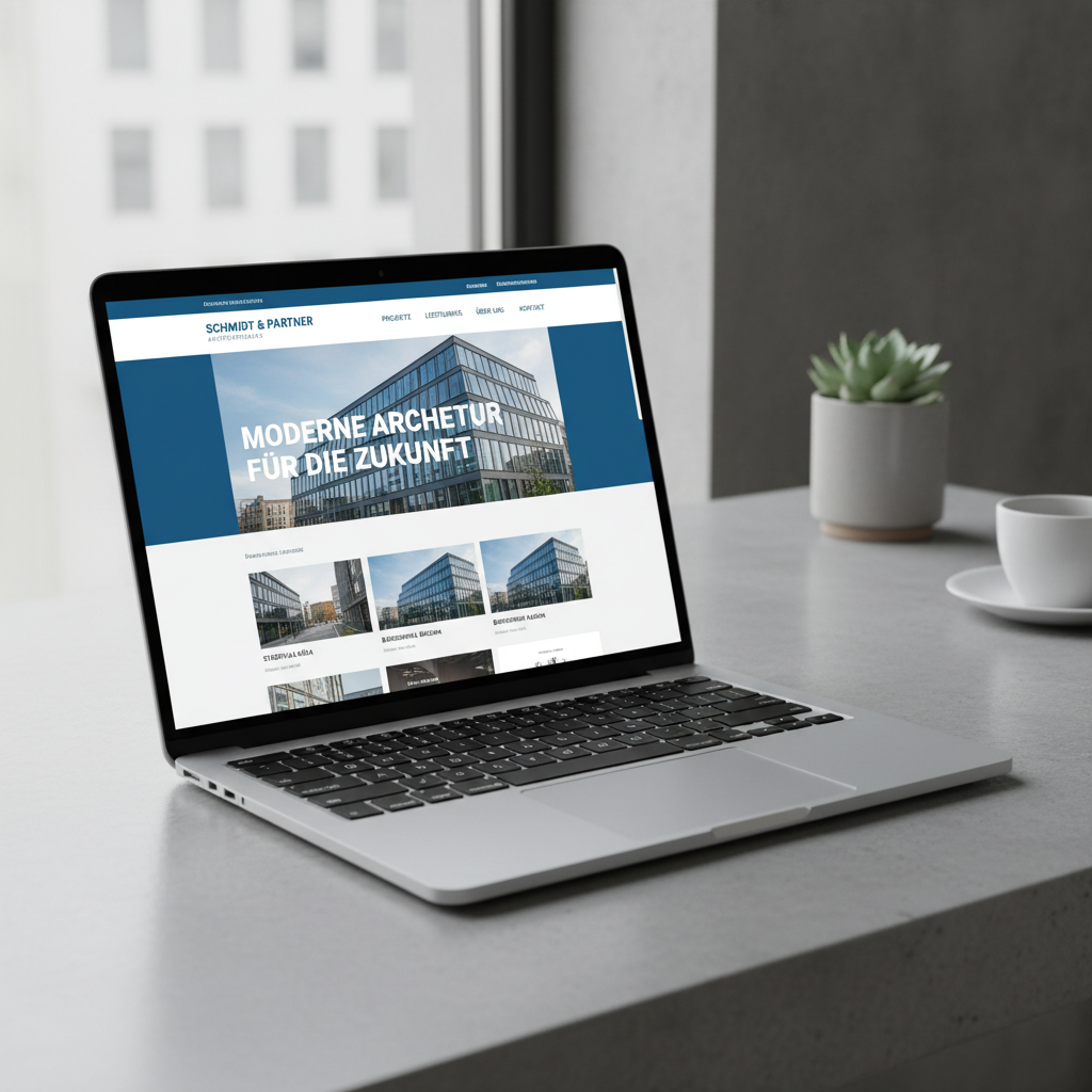 Sleek laptop displaying a modern, premium website design for a local German business