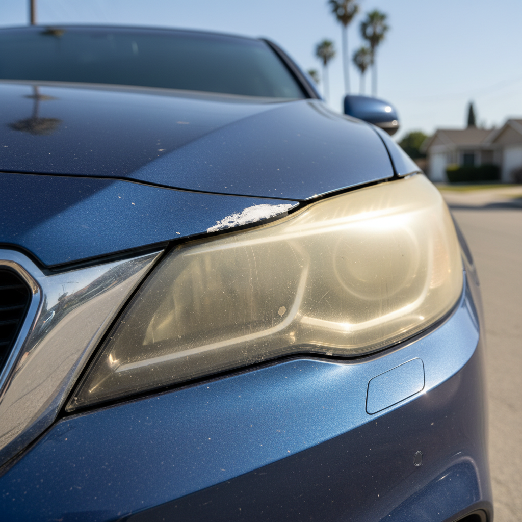 Severely yellowed, foggy, and heavily oxidized car headlight lens covered in cloudy haze before professional restoration treatment