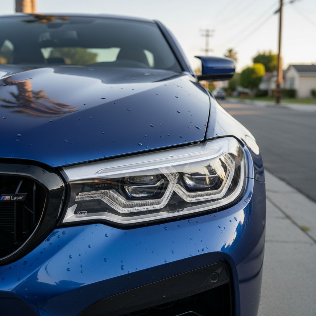Close-up of a 2021 BMW M5 headlight with laser LED technology