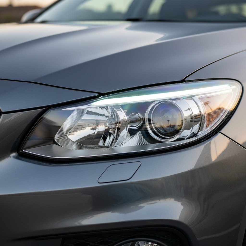 Crystal clear, brilliantly restored car headlight lens with mirror-like shine and factory clarity after professional polishing and restoration